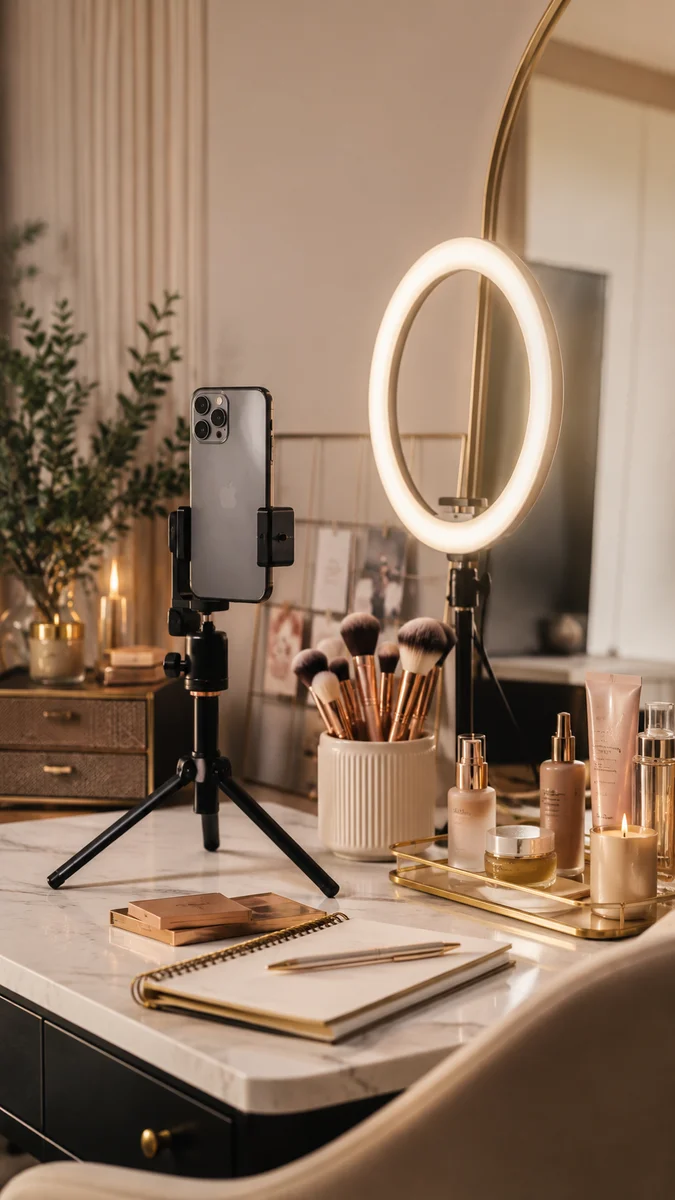 Ambiente de gravação UGC com smartphone, produtos de beleza e iluminação natural
